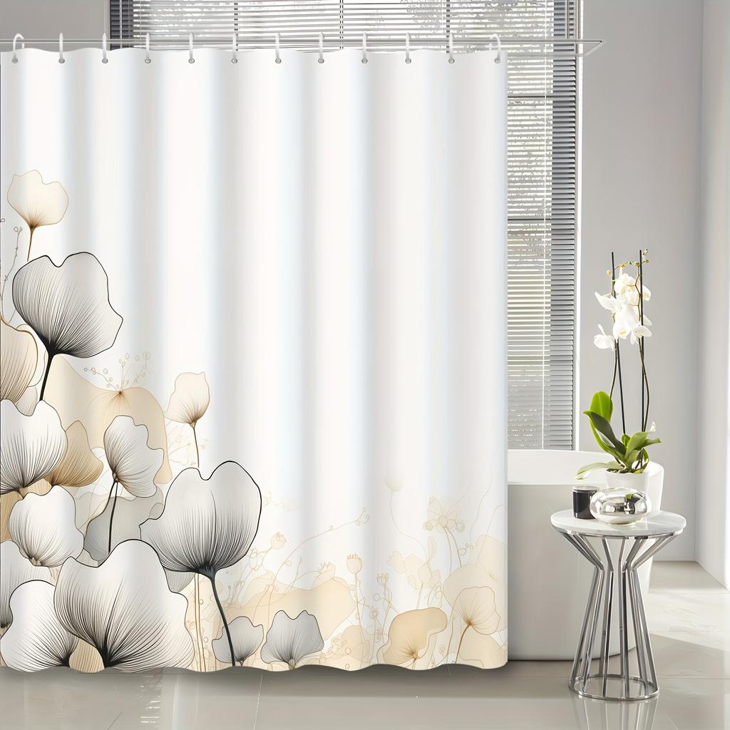 Abstract Golden Plant Petals Shower Curtain - Floral Design With 12 Hooks | Polyester Fabric, Bathroom Decor & Accessories