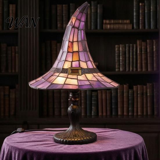 Retro Gothic Lighting Stained Glass Witch Hat Lamp, USB Powered Resin Night Light, Colored Lampshade Halloween Table Lamp for Bedroom Bookshelf Mantel