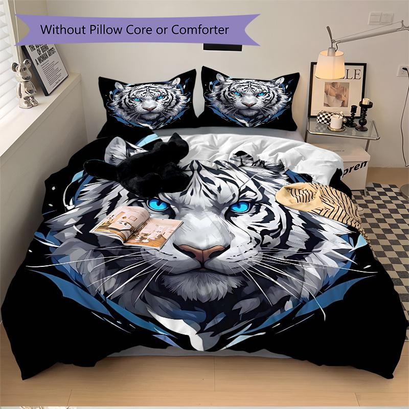 3pcs Blue Eyed White Tiger Bedding Set - Includes 1 Quilt Cover and 2 Pillowcases, Comfortable Bedding with Stylish Design for Bedroom, Mach