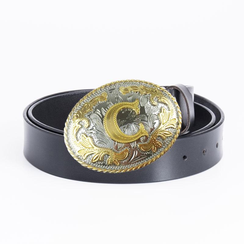 Western Style Men's Leather Belt with English Letter C - European and American Fashion Accessory