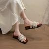 Pearl Hollow Open-toed Wedge Heel One-word Fashion Casual Sandals Summer Retro Low-heeled Slippers Women's Outerwear