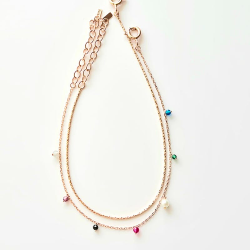 VOYONN Silver Double-Line Bracelet Rose Gold Setting Beads 0008