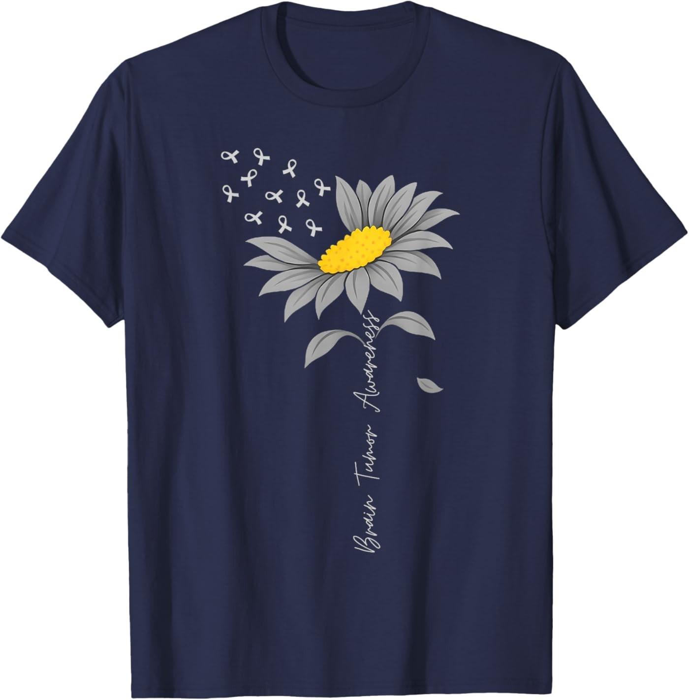 Brain Tumor Awareness Sunflower Gray Ribbon Brain Cancer T-Shirt S