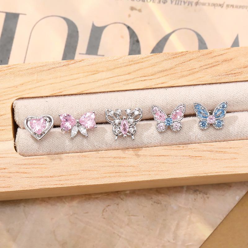 Pink Sweet Butterfly Zirconia Titanium Steel Ear Cartilage Studs for Women - Versatile, High-End Double Spiral Screw Design.