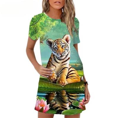 Sukienki z grafiką tygrysa Kobiety Casualowa Sukienka Vintage z nadrukiem 3D Moda damska Krótki rękaw Sukienka plus size Ubrania letnie