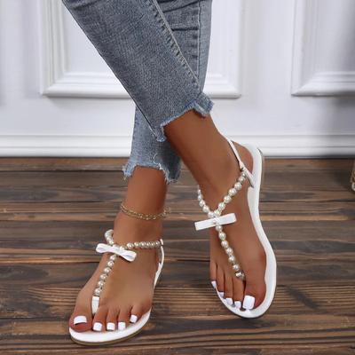 Sandals Women's 2024 New Fashion Outdoor Flat Beach Sandals Sexy Pearl Bow-knot Shoes Female Clip Toe Flip Flops Slides