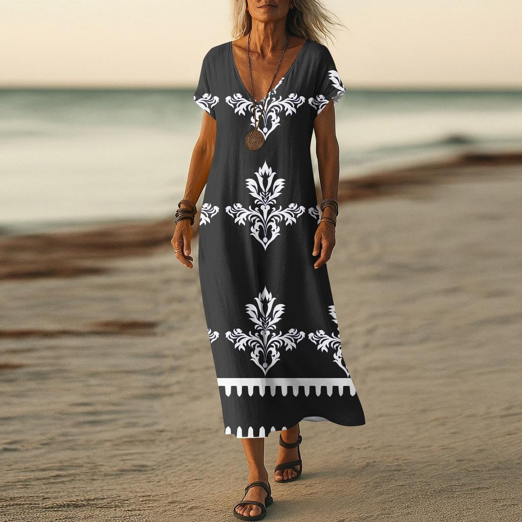Robe d'été Robe longue bohème de plage pour femme Robe maxi élégante Col en V Manches courtes Tunique d'été Légère Aérée
