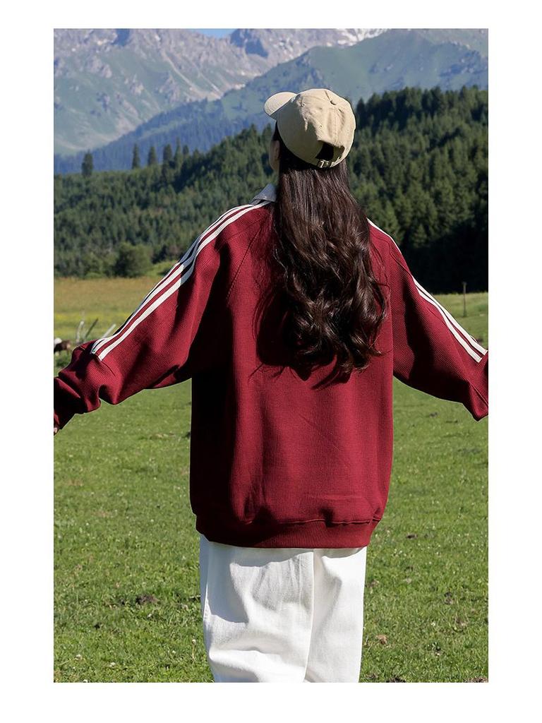 Women's Retro Striped Color Block Pullover Sweatshirt with Letter Embroidery - Casual College Style