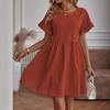 Women Casual Short Sleeve Dress O Neck Flare Sleeve High Waist Loose Mini Dress Solid Color Summer Dress