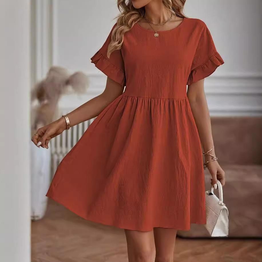 Women Casual Short Sleeve Dress O Neck Flare Sleeve High Waist Loose Mini Dress Solid Color Summer Dress