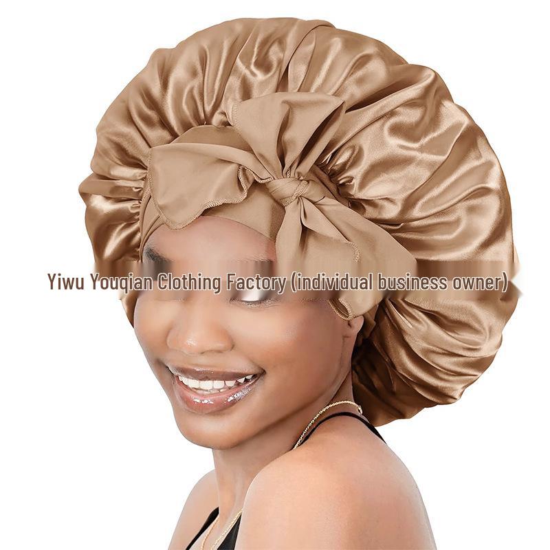 Elastische Schlaf- und Duschhaube aus Satin mit breiter Krempe für Damen – einfarbig, Größe L