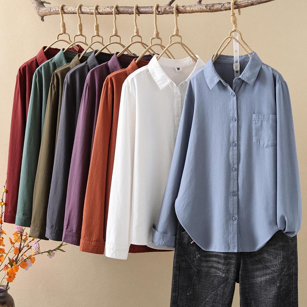 Solid Color Pure Cotton Long Sleeve Unisex Women's Shirt - Japanese Casual Style 