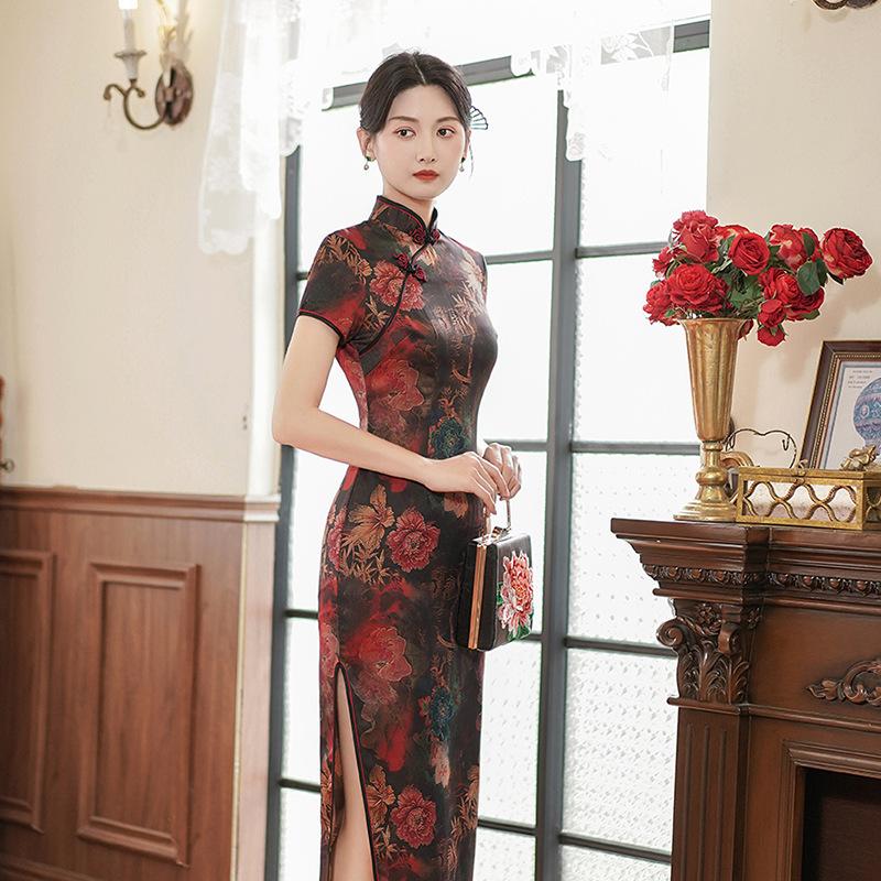 Women's Spring and Summer Retro Slim Cheongsam Long Dress Banquet Performance Elegant Dresses