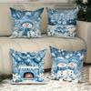 4Pcs, Winter Christmas Pillow Cover - Holiday Snowman, Tree And Fireplace Design In Blue - Machine Washable Living Room And Bedr