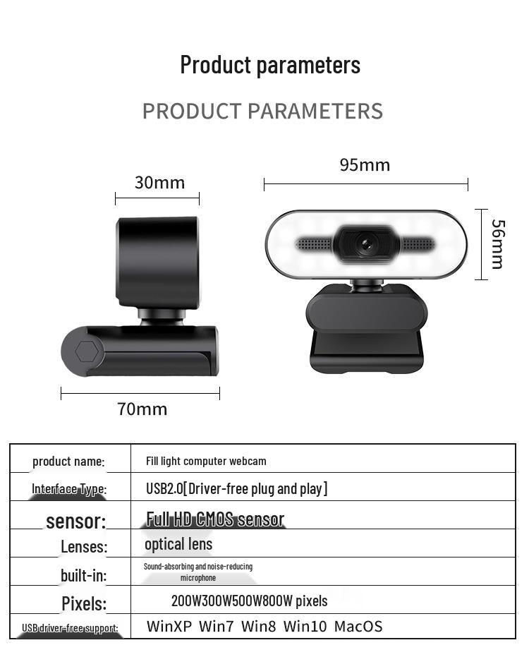 LED Fill Light USB Webcam for Online Classes and Live Streaming