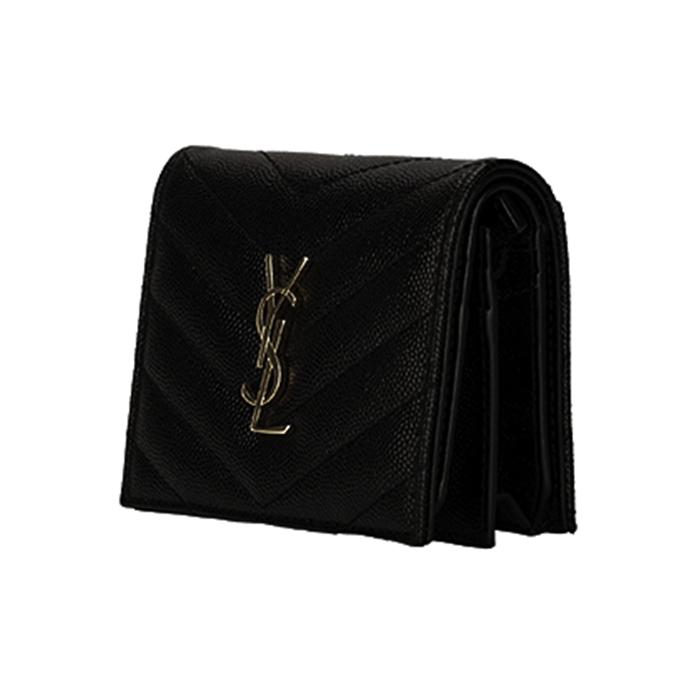 Saint Laurent Ysl Cassandre Double Fold Gold Logo Textured Quilted Leather Card Holder Wallet Women Wallet Black 530841-BOWA1-1000