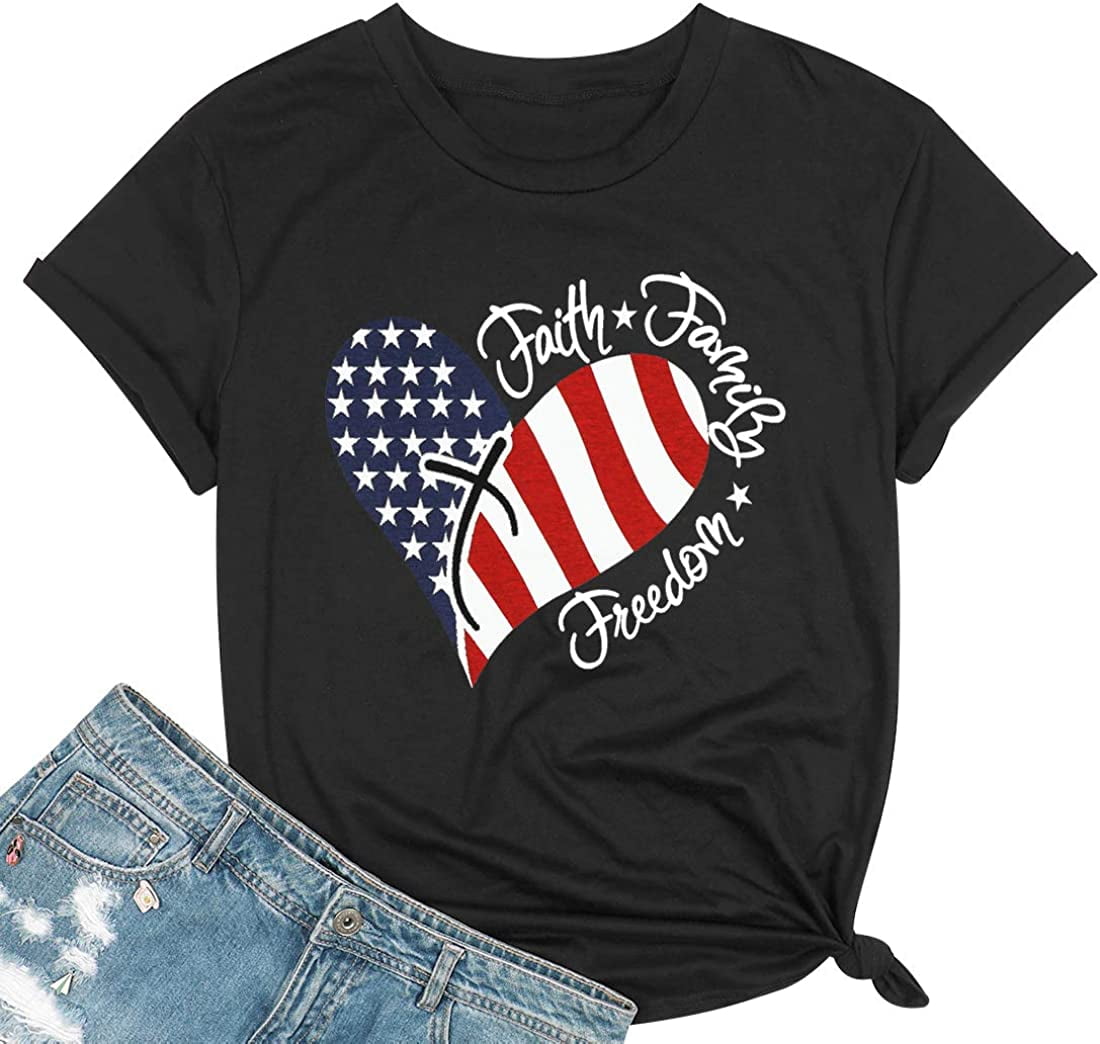 Heart Tshirt Patriotic Shirts for Women Cross American Flag Shirt USA Faith Family Freedom Graphic Tee USA Star Stripes Black M