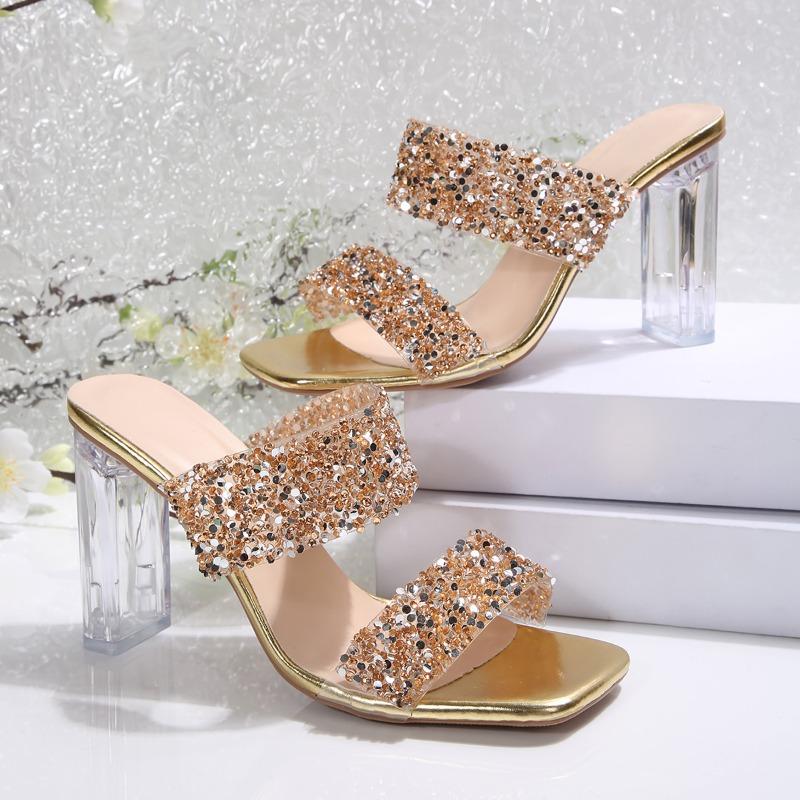

Мода 2025Мода Двойной ремешок Блестящие Босоножки на высоком каблуке Женские Золотые Серебряные Вечерние туфли Летние с открытым носком Хрустальный каблук Сандалии 35 шампанского