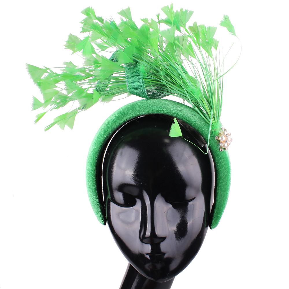 

European And American Flannel Sponge Cloth Bag Headband Wide Edge Hemp Yarn Feather Headband Hairpin зелений