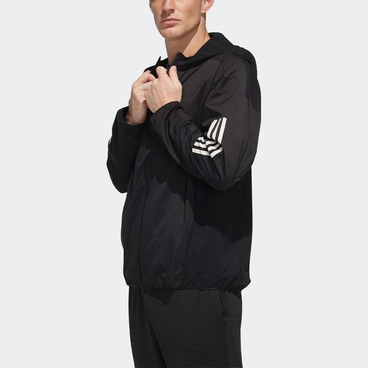 Men's Adidas Logo Stripe Printing Hooded Jacket Black FM5325