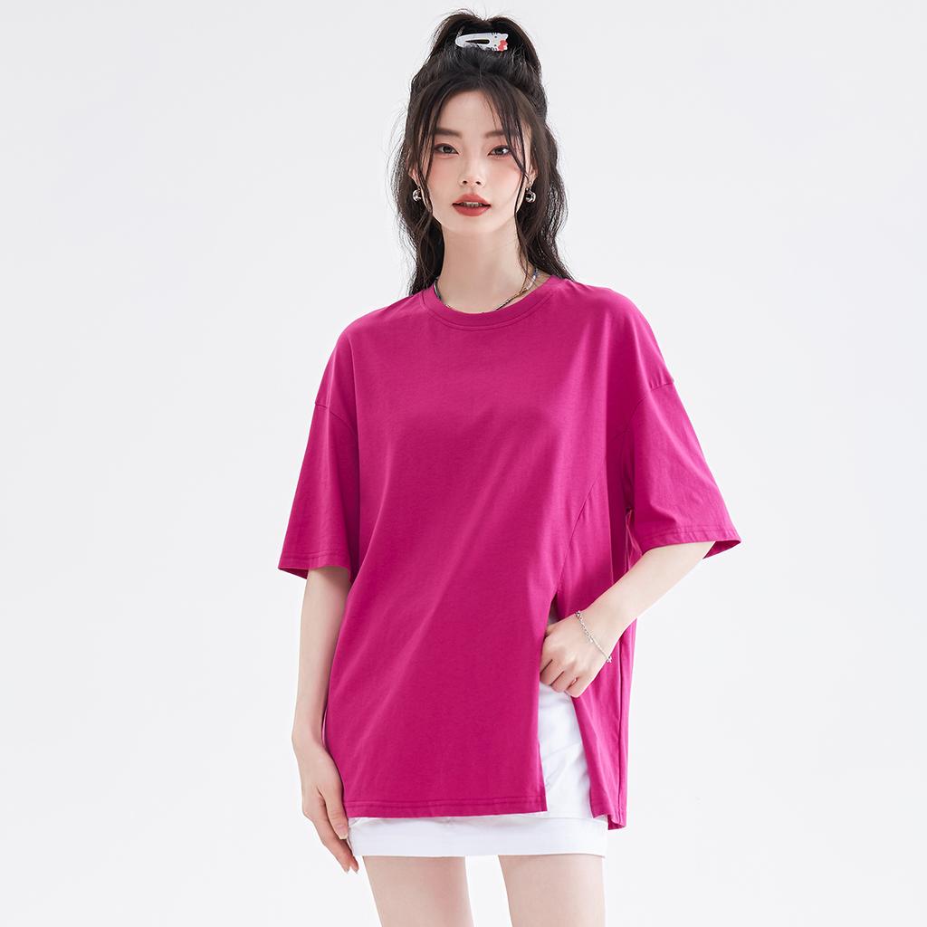 [Side Slit Fashionable Short Sleeved T-shirt for Women] Summer New College Style Mid Length Round Neck Top
