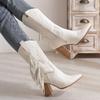 Women's High-Heeled Mid-Calf Boots: European & American Style, Large Sizes, Pointed Toe, Embroidery, Fringe, White, Western Cowboy.