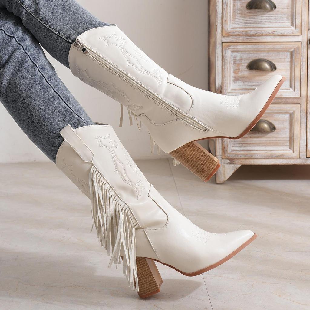 Women's High-Heeled Mid-Calf Boots: European & American Style, Large Sizes, Pointed Toe, Embroidery, Fringe, White, Western Cowboy.