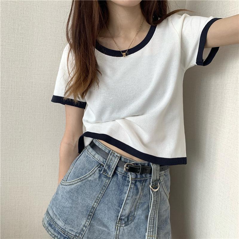 Summer Thin Retro Korean Short Sleeve T-Shirt Contrast Short T-shirt Top Women's Ins Fashion