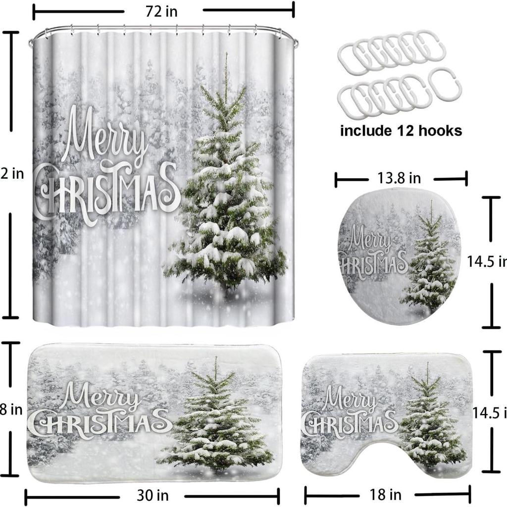 Christmas 4-Piece Bathroom Curtains Christmas Tree Snow Shower Curtain Non-Slip Bath Mat U-Shaped Bathroom Mat Toilet Cover