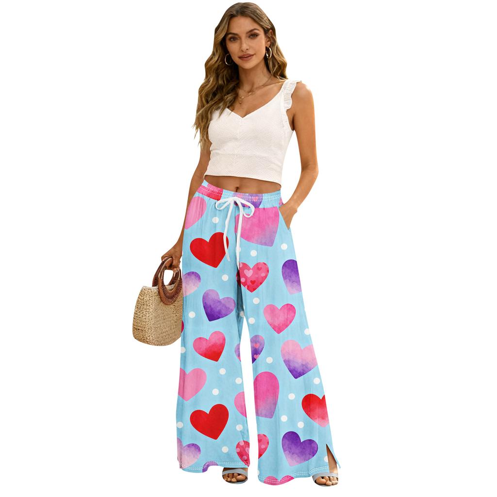 Γυναικεία Καλοκαιρινή Μποέμ Παλάτσο Παντελόνα Ψηλόμεση Φαρδύ Πόδι με Πρίτινγκ Καθημερινό Παντελόνι με Τσέπες