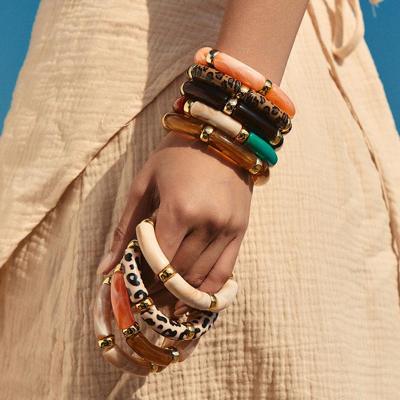 Vintage Acrylic Bamboo Beads Bracelet For Women Multi Color Stretchy Resin Girls Charm Couple Bangles Gift Men Jewelry