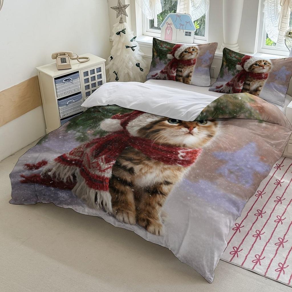 Christmas Cat Bedding Set Printed Duvet Cover Set Soft Single Twin Size Home Decor Duvet Cover Set Cute Birthday Gift For Girls