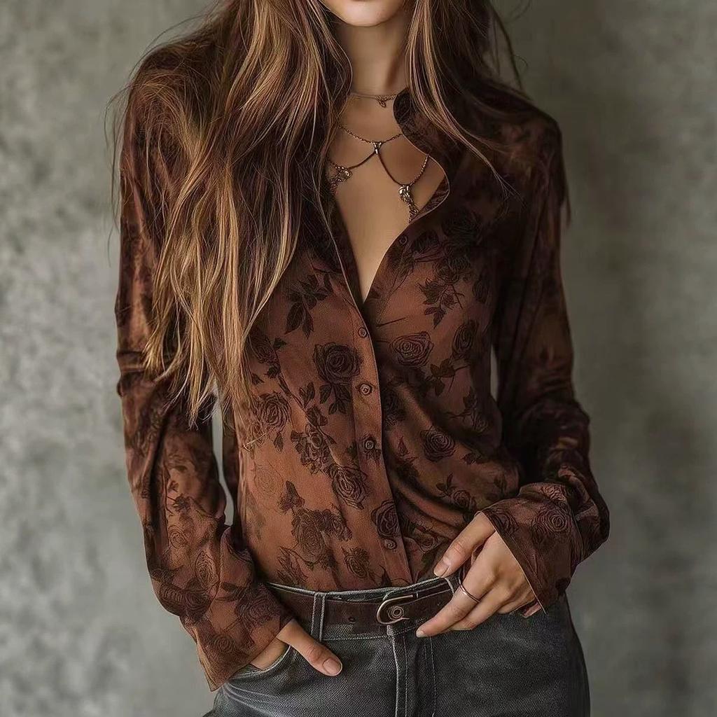 Women S Vintage Long Sleeve Floral Print Brown Shirt