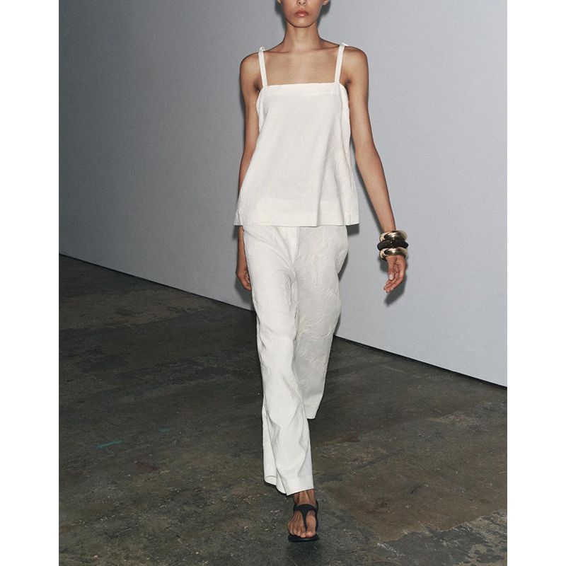 Linen Blend Embroider Sleeveless Sling Tops 2678046 Embroider Wide Leg Casual Trousers 2678045