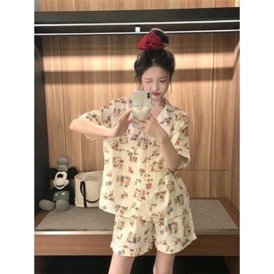 Damen Pyjama Set Sommer Kurzarm Nachtwäsche Set Cartoon Niedlich Bär Bedruckt Pyjama Frau Rüschen Home Nachtwäsche Set Strickjacke
