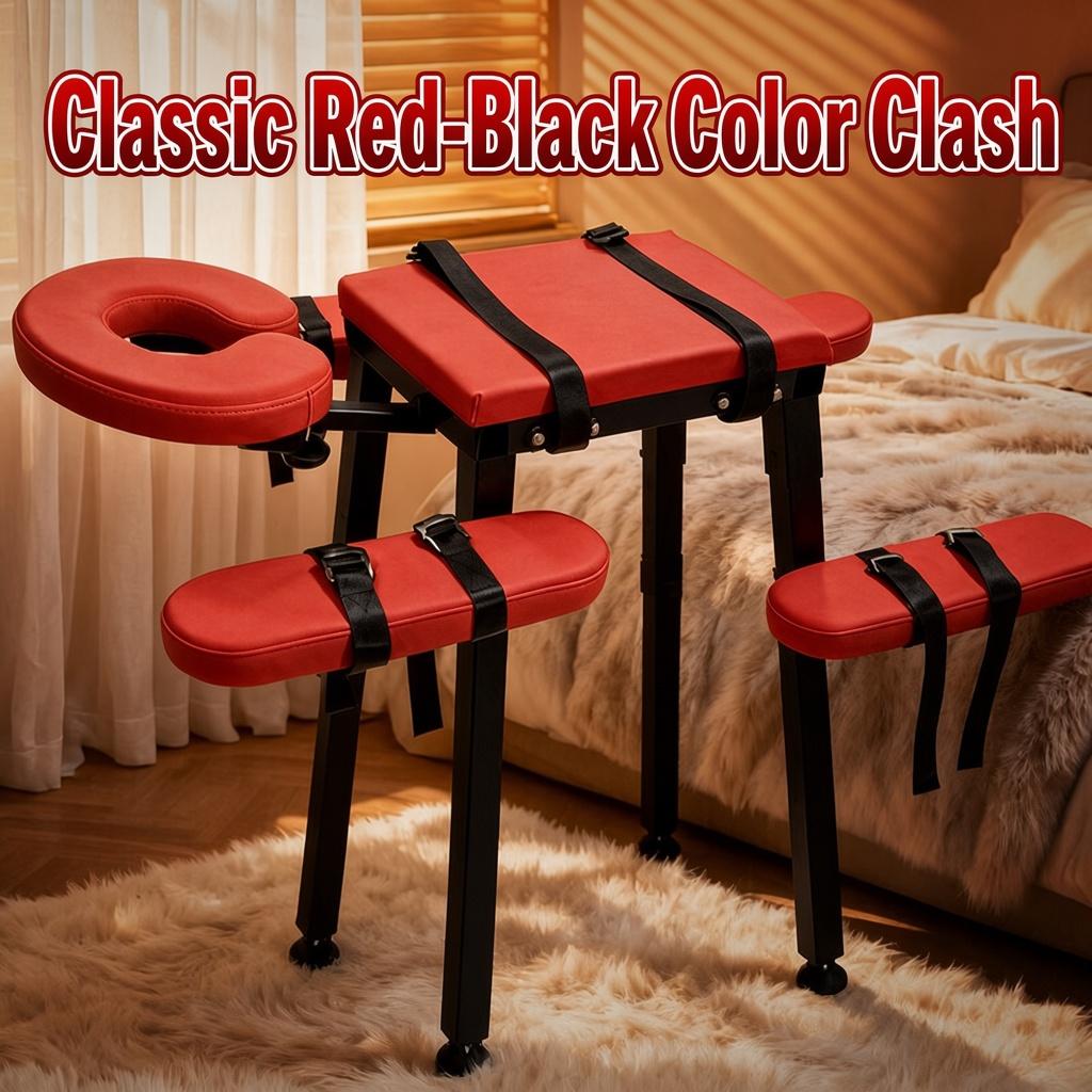 Premium Pleasure Chair Multi-Position Bondage Bench Red Foam Cushion Black Metal Frame Adjustable Headrest Knee Pads Straps BDSM for Couples