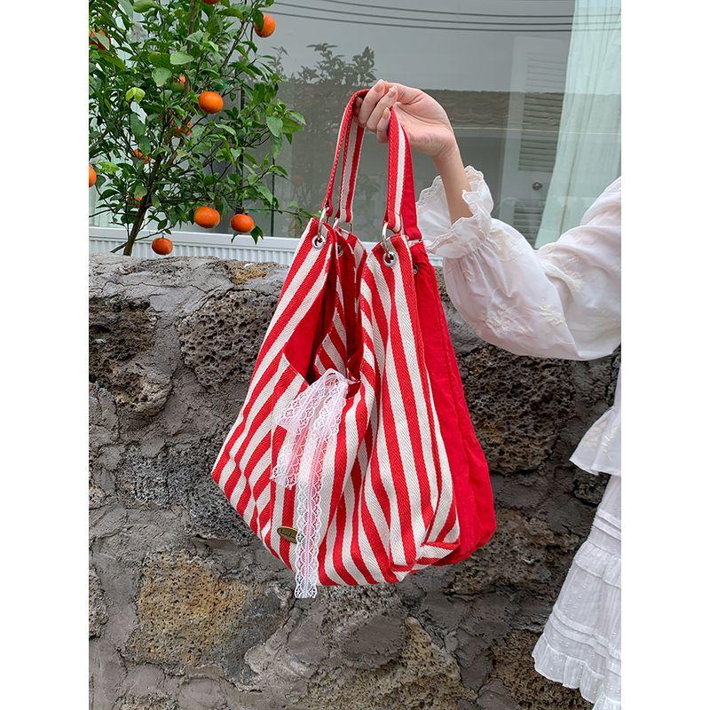 

Stripes Canvas Bag Female Summer 2025 New Arrival Tide South Korea Letters Print Double-Sided Shoulder Bag Student Class Bag Red