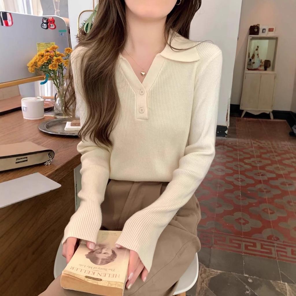 Autumn/Winter Polo Collar Sweater for Women Knitted Bottom Top Niche Design Sense Interior