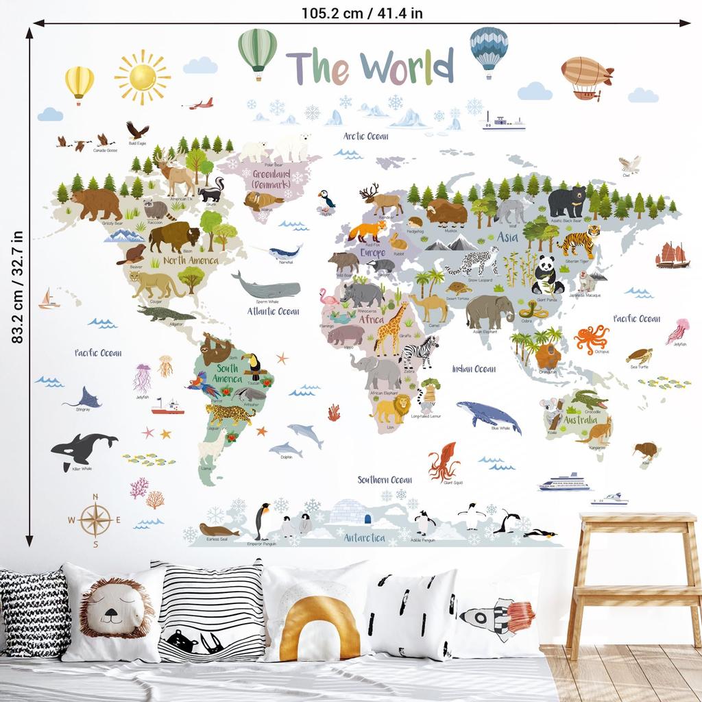 Decowall World Wall Sticker with 105 X 83 Educational Interior Wall Perfect for Baby and Peel and Stick Wall Decals Animals, Large, Cm, Decoration,