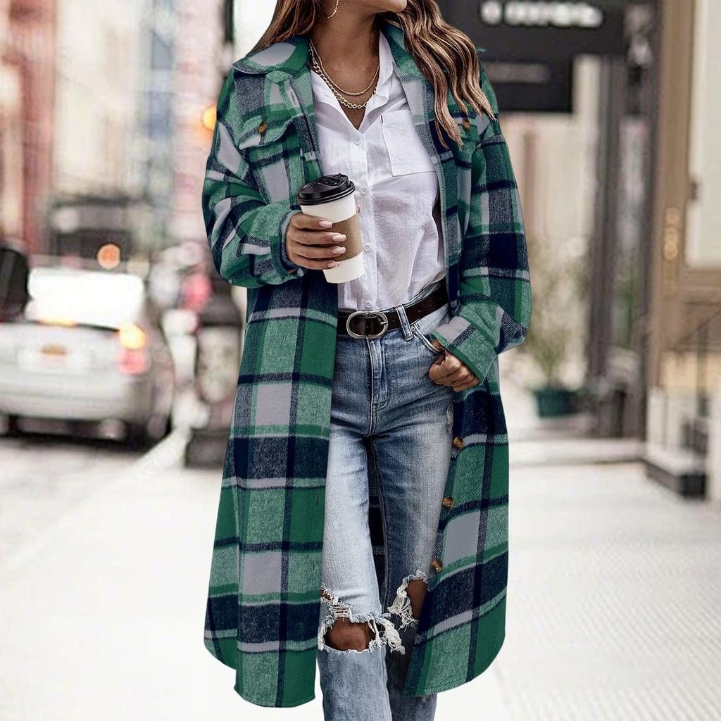 Women's Fashionable Oversized Long-Sleeve Collared Plaid Trench Coat With Patch Pockets