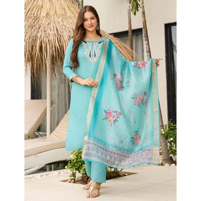 Ensembles Kurta Droit en Viscose Brodé pour Femme avec Pantalon et Dupatta