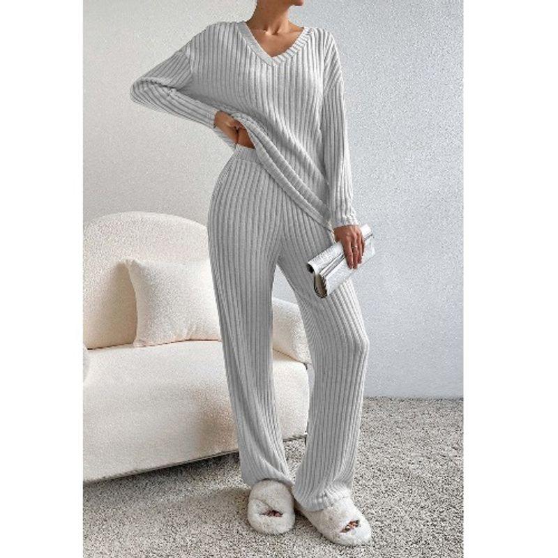 Western Style Spring and Autumn New Cross-Border V-neck Solid Sunken Stripe Loose Long Sleeves Shirt Trousers Casual Two-piece Suit Women Clothes
