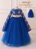Blue Muslim Evening Dress with Long Sleeves and Puffy Tulle Skirt