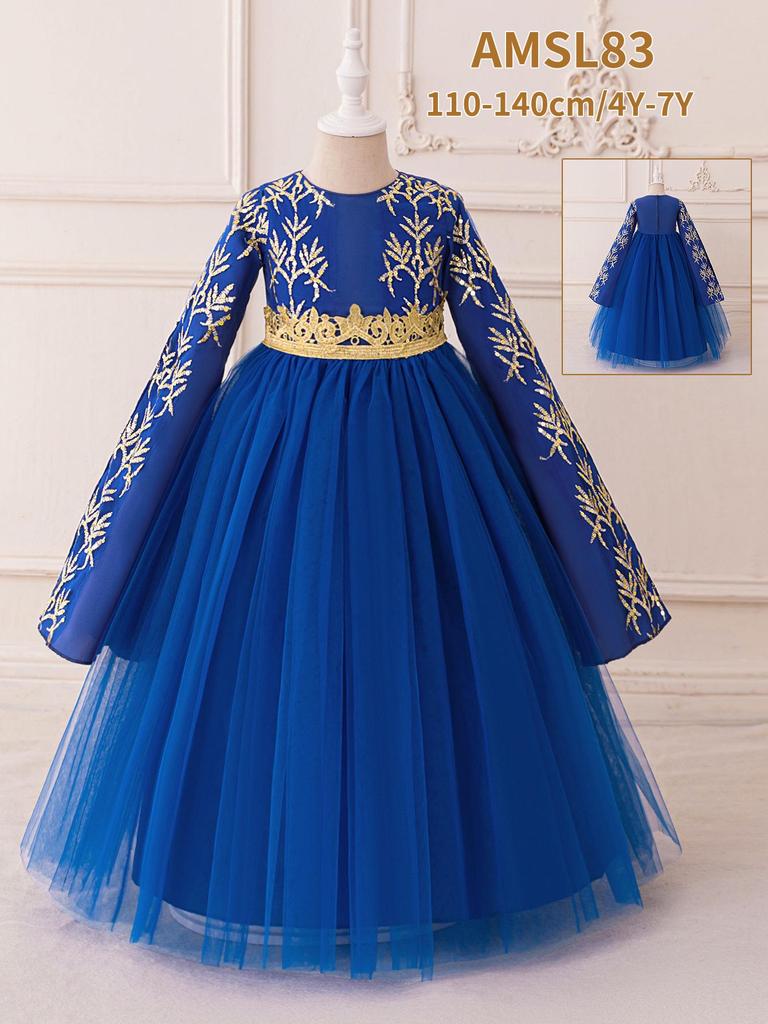 Blue Muslim Evening Dress with Long Sleeves and Puffy Tulle Skirt