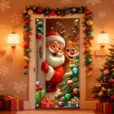 Décoration de Couverture de Porte de Noël Bannière Suspendue Drôle du Père Noël pour Porte d'Entrée Bannière Joyeux Noël Toile de Fond Hivernale Panneau de Porche pour Décoration de Fête