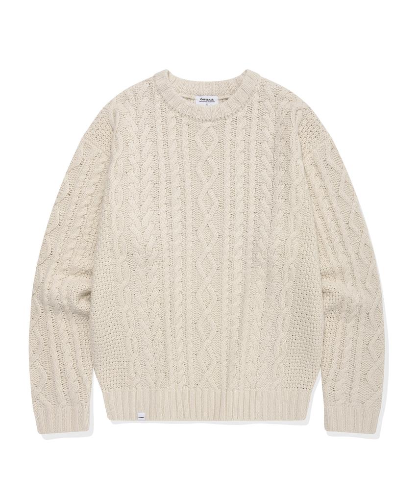 COVERNAT Mixed Texture Fisherman Crew Neck Knit Ivory