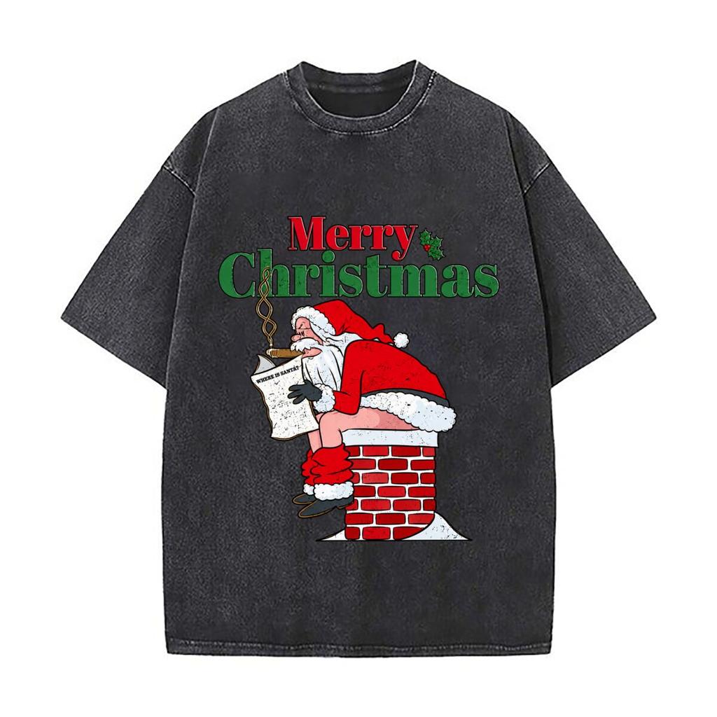 Merry Christmas Where Is Santa Funny Chimney Cartoon Washed Short Sleeve Loose Streetwear Tee Hip Hop