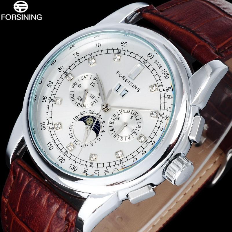 

Трехстрелочные шестистрелочные механические часы с календарем и шкалой в форме кристалла, круглые, с черным ремешком, наручные часы, мужские механические часы коричневый/серебряный