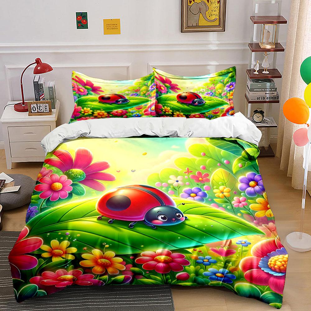 Ladybug On Leaf with Flowers Bedding Duvet Cover Set (1*Duvet Cover 2*Pillowcases, Without Duvet Insert)