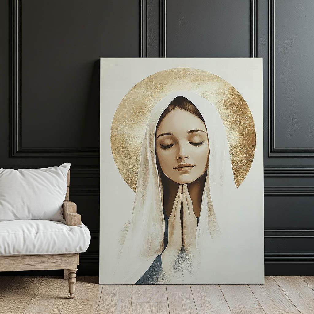 Modlitwa Matki Boskiej Z Złotą Aureolą Modlitwa Matki Boskiej Z Złotą Aureolą, 30X40 Cm, Rama Aluminiowa Złota, Papier Matowy 230 Gsm